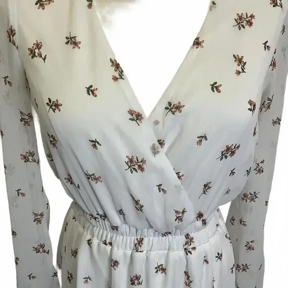 Trixxi Women's Size Small White Floral Long Sleeve V Neck Faux Wrap Dress - Picture 2 of 14